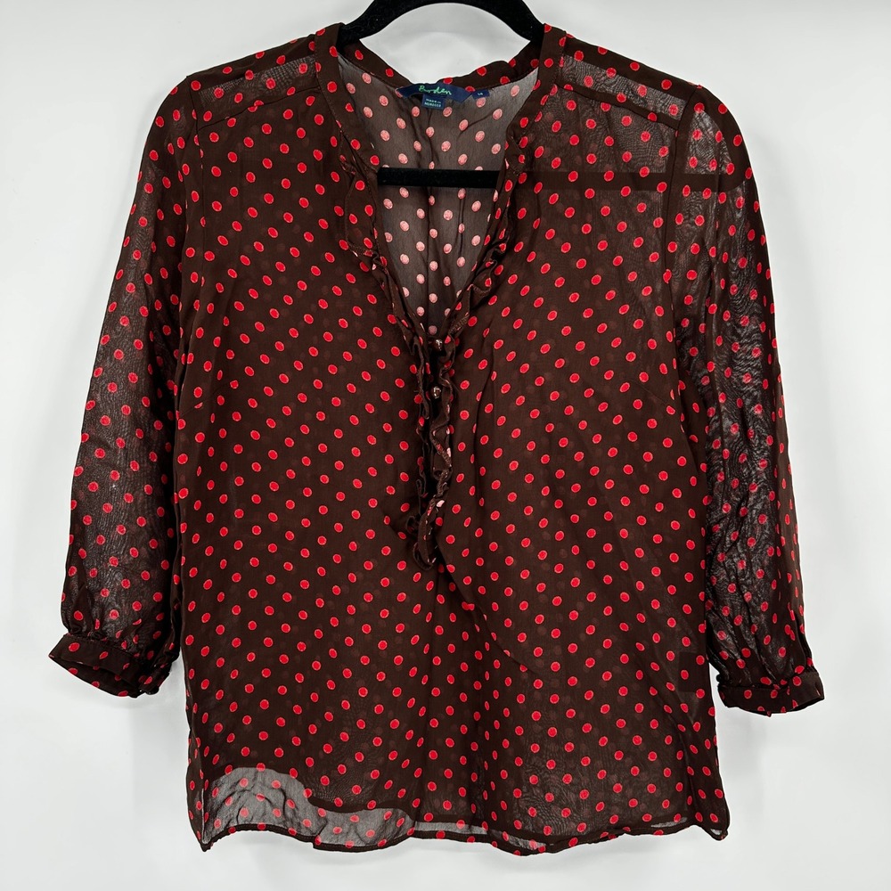 Boden Brown Red Polka Dot Sheer Ruffle V-Neck Blouse Womens 14 Career Retro